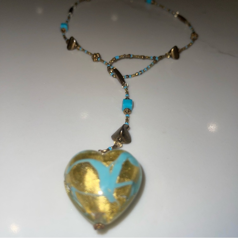 Handmade Gold & Turquoise Heart Pendant Necklace - Women's Jewelry - Picture 11 of 11